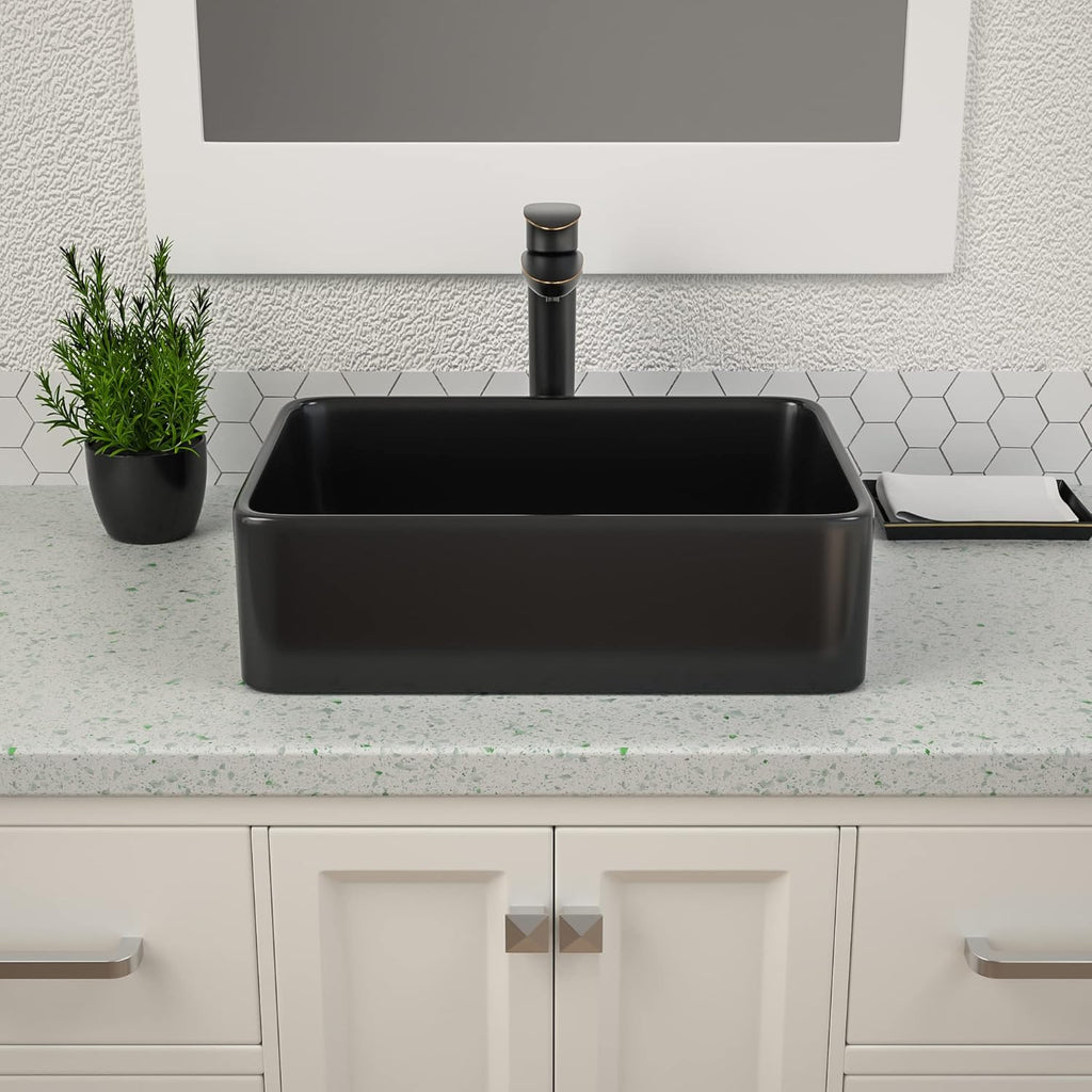 Black Vessel Sink Rectangle, Dcolora 19"x15" Matte Black Bathroom Vessel Sink Rectangular Above Counter Ceramic