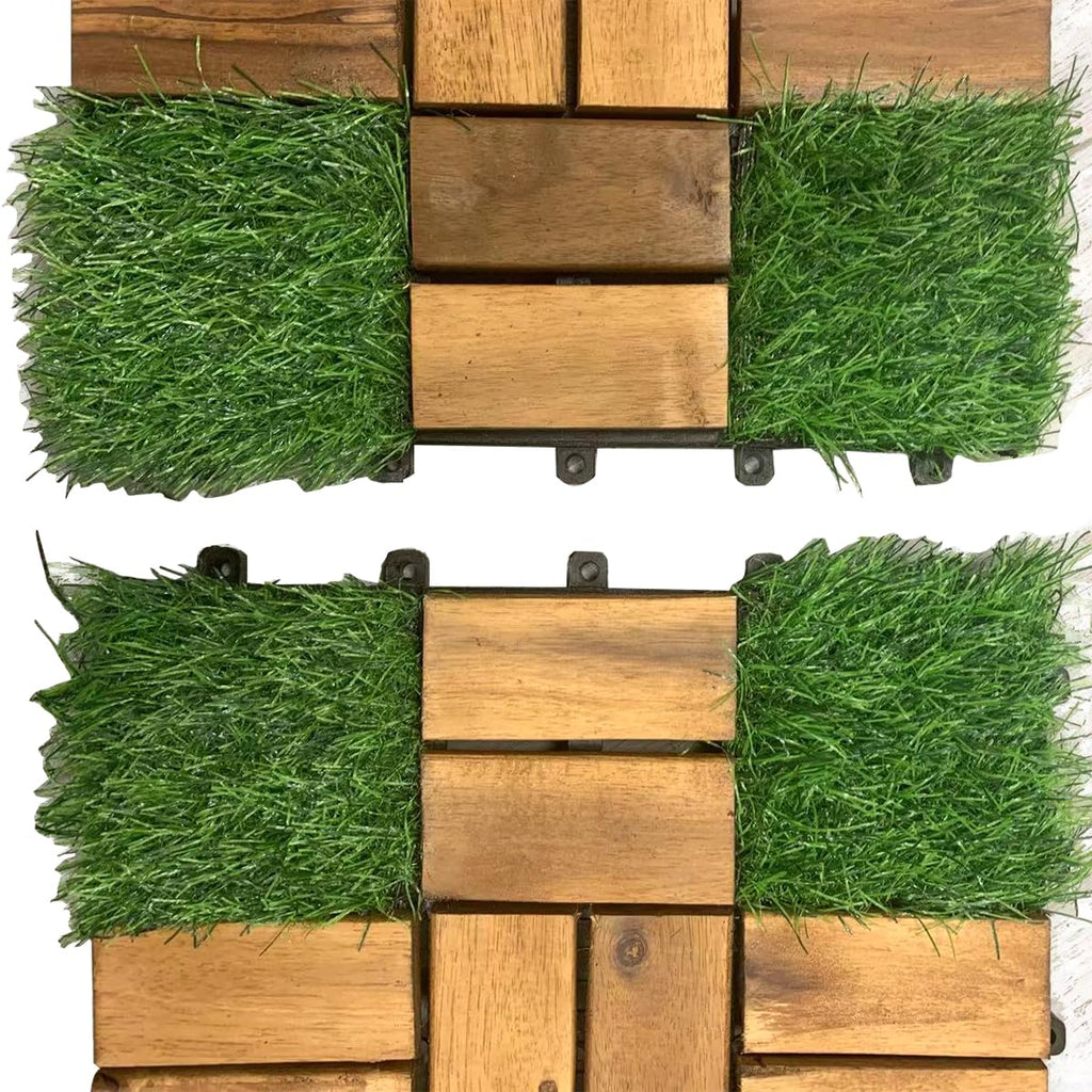 Artificial Grass with Acacia Wood Deck Tiles 10PCS 12''x12'' Interlocking Deck Tiles,Patio Deck Tiles, Wood Deck Tiles