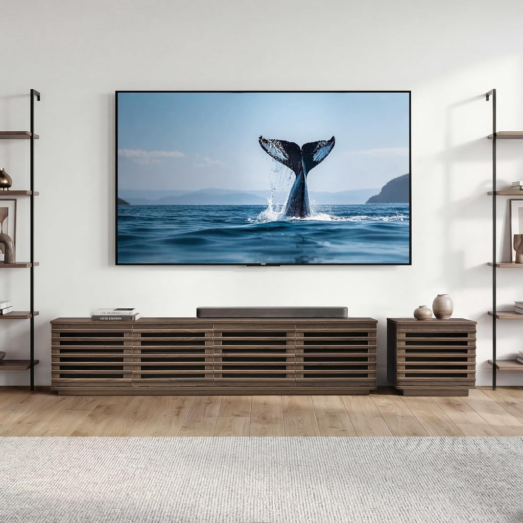 70" Modern TV Stands with LED Light for TVs Up to 75 inches, Low Profile Entertainment Center with 4 Flip-Down Door & Fluted Details, TV Media Console for Living Room, Walnut