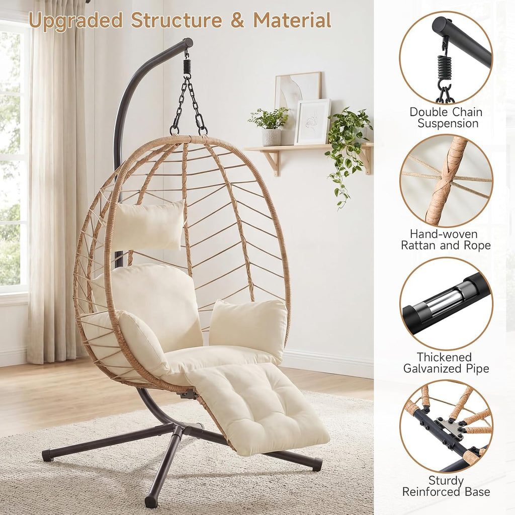 Wicker Egg Chair Outdoor, Hammock Chair with Footrest & Stand, Patio Swing with Cushion & Double Chains, Hanging