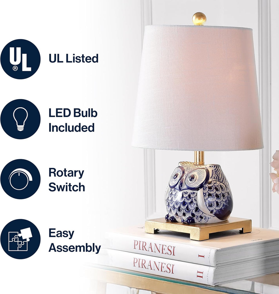 16" Blue/White Ceramic Owl Mini Table Lamp or Office, Modern Farmhouse Nightstand Lamp with White Linen Shade