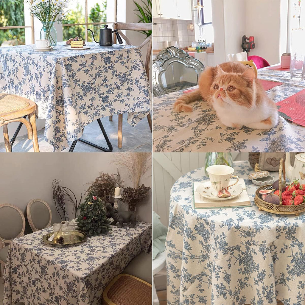 Cotton Linen Vintage Rectangle Tablecloth Pastoral Floral Rustic Table Cloth Washable Table Cover,Fa