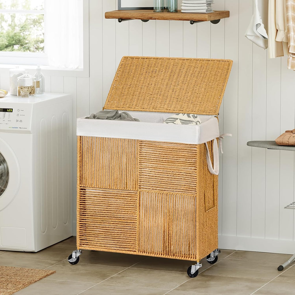 Double Laundry Hamper with Wheels, Handwoven Rolling Laundry Basket | 115L Dirty Clothes Hamper with Lid, Removable
