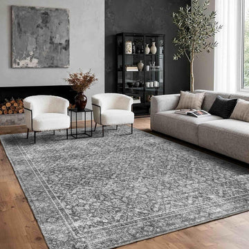 Area Rugs for Living Room Bedroom, Vintage Grey Washable Rug, Boho Floral Non Slip Low Pile Carpet for Indoor