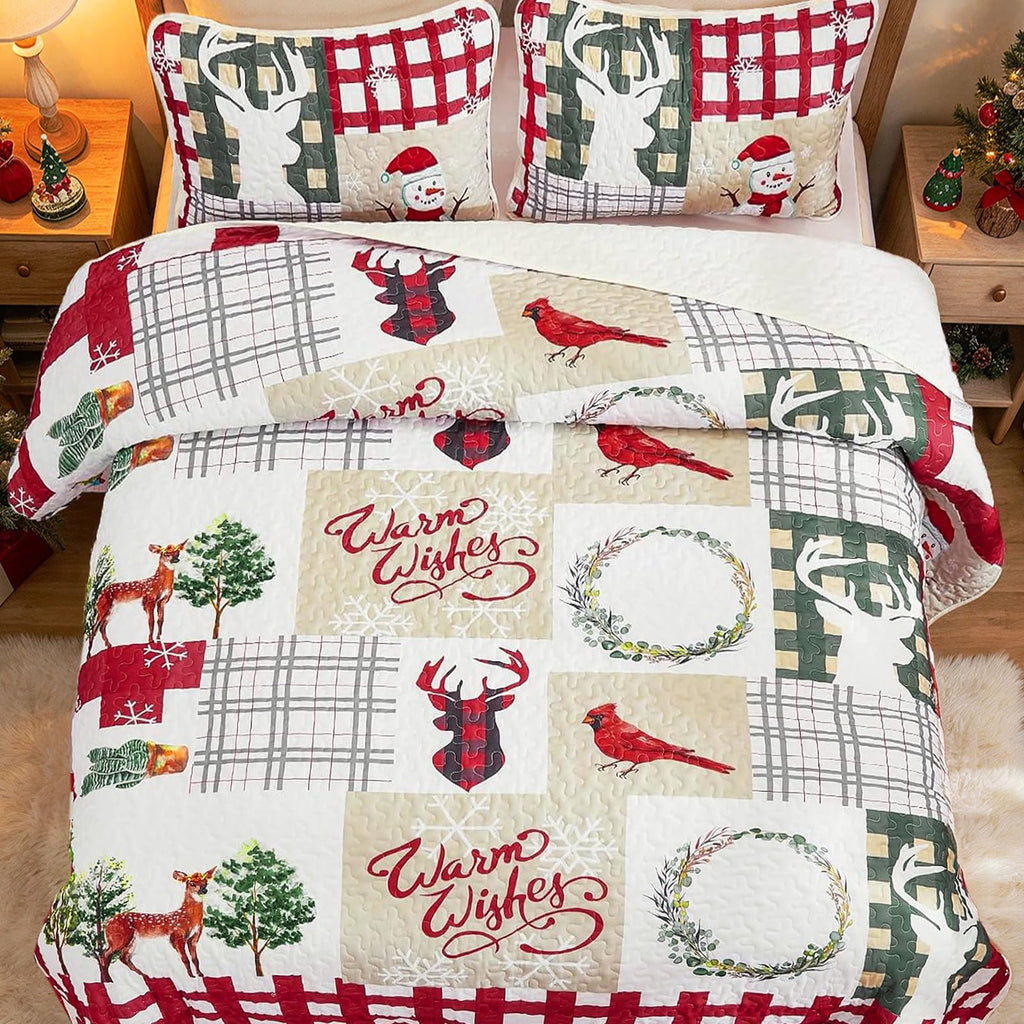 Beige Quilt Set California King, Christmas Patchwork Bedspread