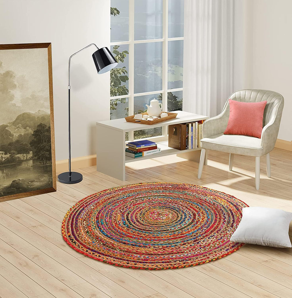 Jute Cotton Area Rug 5ft Round Natural Handwoven Colorful Boho Rug | Jute & Cotton Chindi Braided Rag Rug Multi