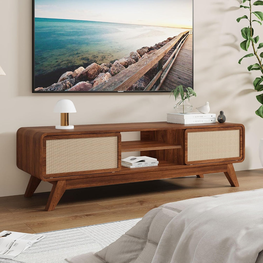 Mid Century Modern TV Stand for TVs up to 65'', Farmhouse Entertainment Center with Storage, TV Cabinet Table with Nature Linen Doors, Media Console TV Consoles for Living Room Bedroom (Walnut)
