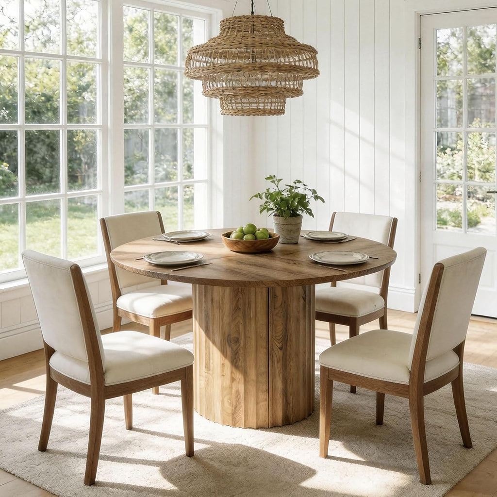 47-Inch Round Dining Table for 4-6, Modern Kitchen Table with Fluted Pedestal Base, Farmhouse Wood Dinner Furniture