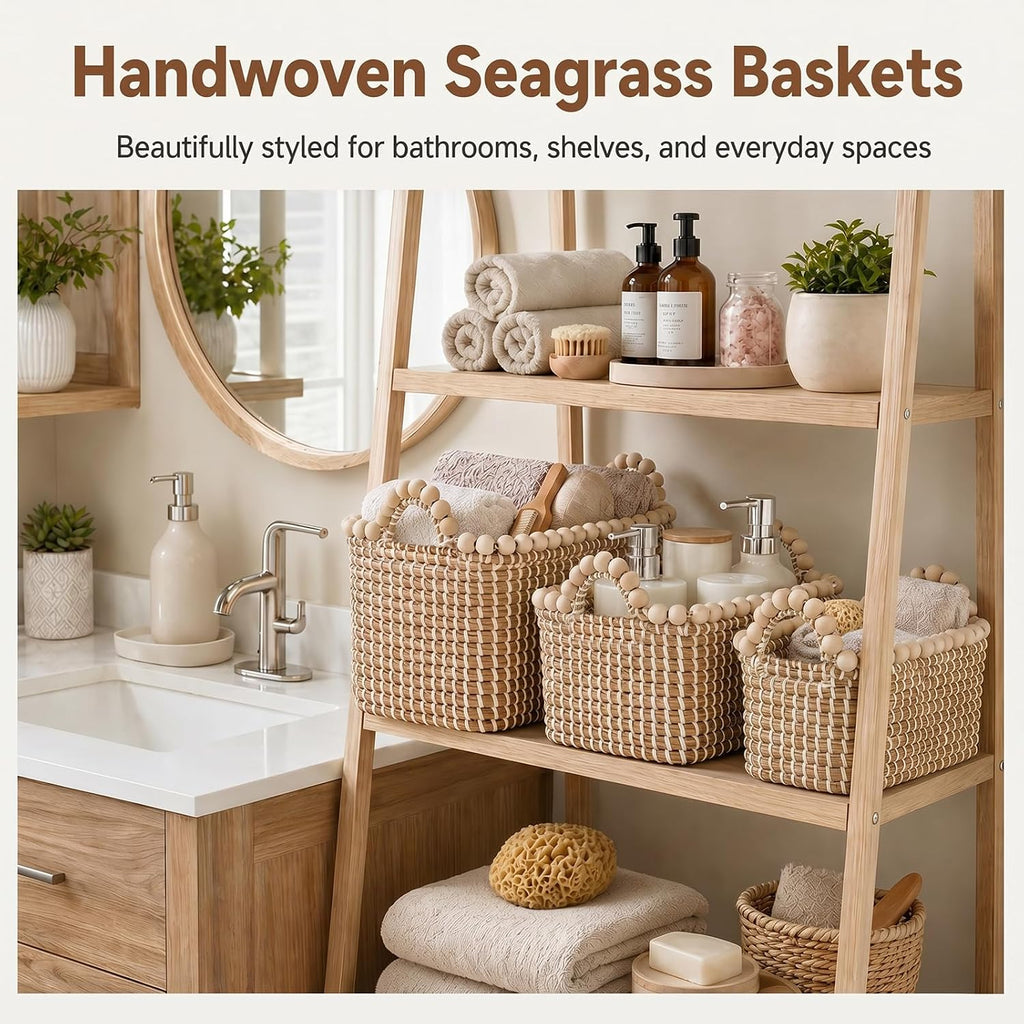 Handwoven Seagrass Shelf Baskets, Set of 3 Decorative Storage Bins with Bead-Accented Handles, Vietnamese Woven
