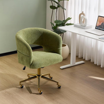 Modern Curved Office & Vanity Desk Chair, Cute Upholstered Nail Chair with Wheels & 360° Swivel & Club & Tilting & Gold Base, for Bedroom, Living Room, Makeup, Velvet Chenille, Green