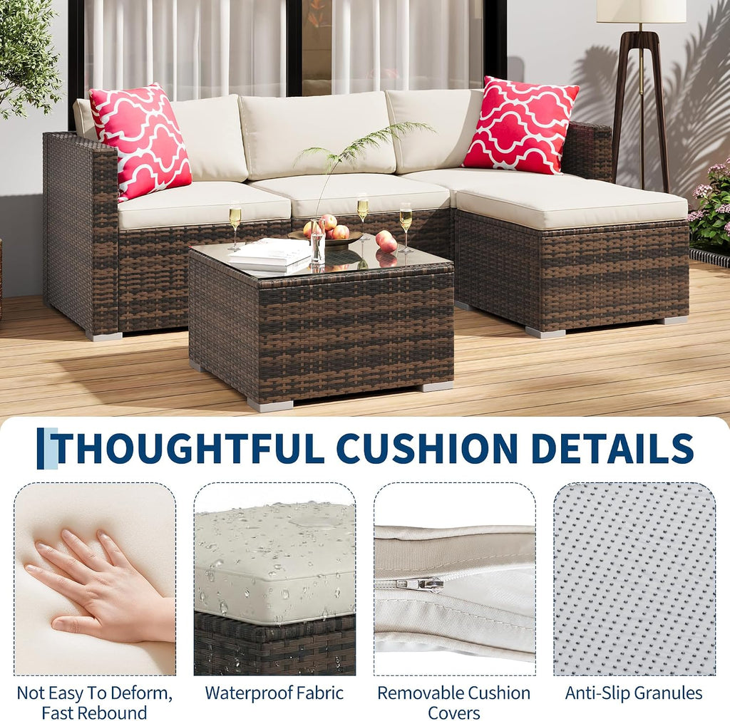 5-Piece Outdoor Patio Sectional Sofa Set - Brown/Beige | PE Rattan L-Shaped All-Weather Conversation Furniture Set