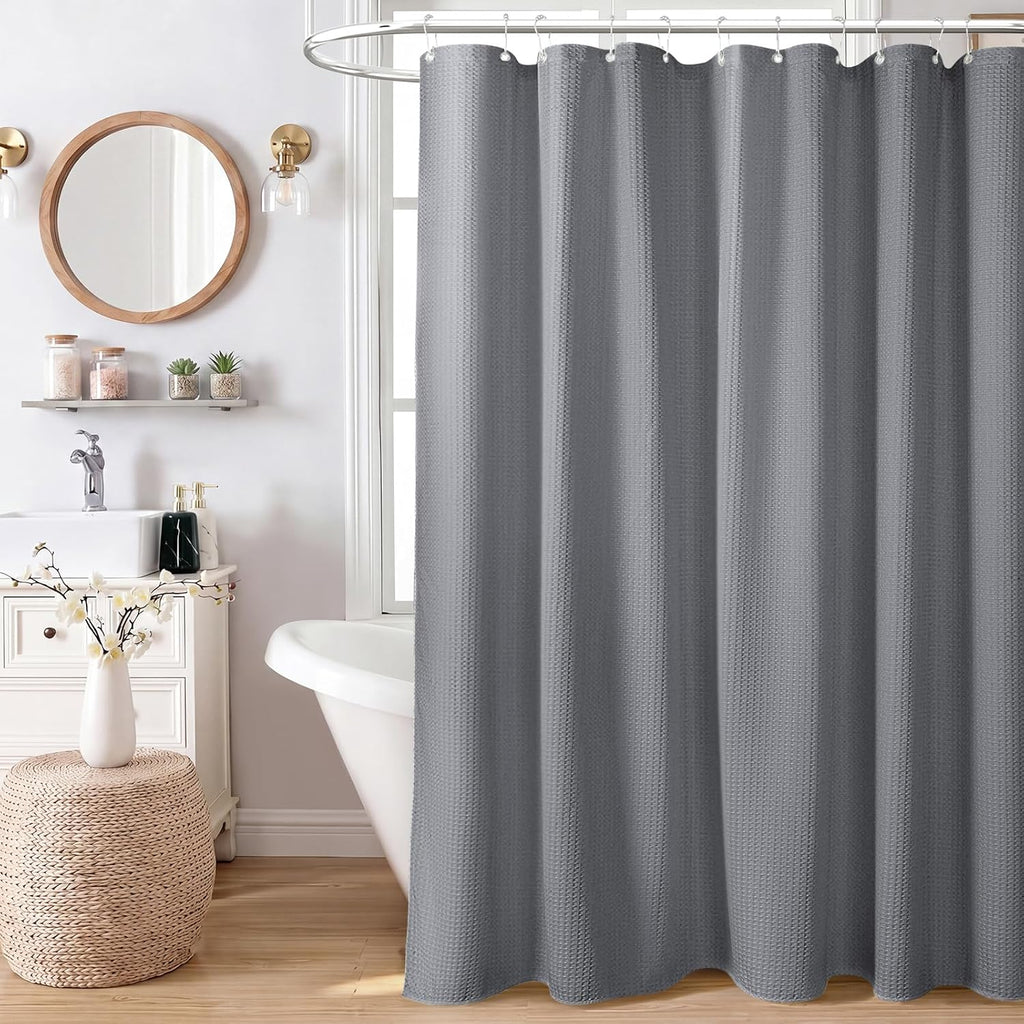 Waffle Shower Curtain 256 GSM Heavy Duty Fabric 72"x72" Grey/Gray | Thick Polyester Cloth, Weighted Hem, Water
