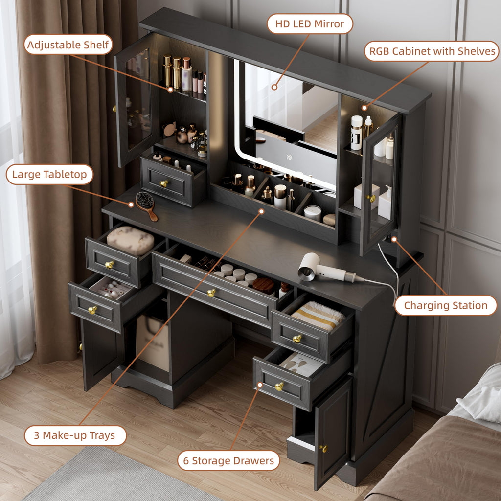 Vanity Desk with Mirror & Lights, Makeup Vanity with Power Outlet & USB Ports, Farmhouse Dressing Table, 6 Drawers &