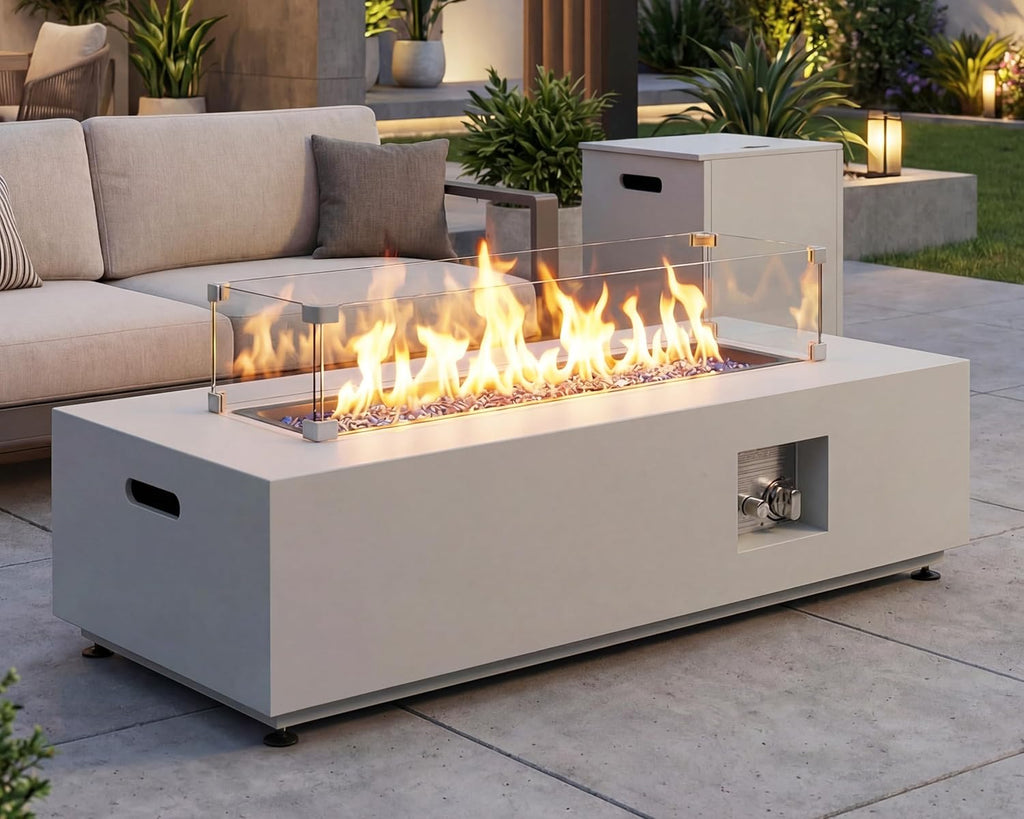 42" Outdoor Propane Fire Pit Table, 50,000 BTU Rectangle Natural Gas Firepit with Tank Table, No Assembly Low Profile Fire Table for Outside Patio &