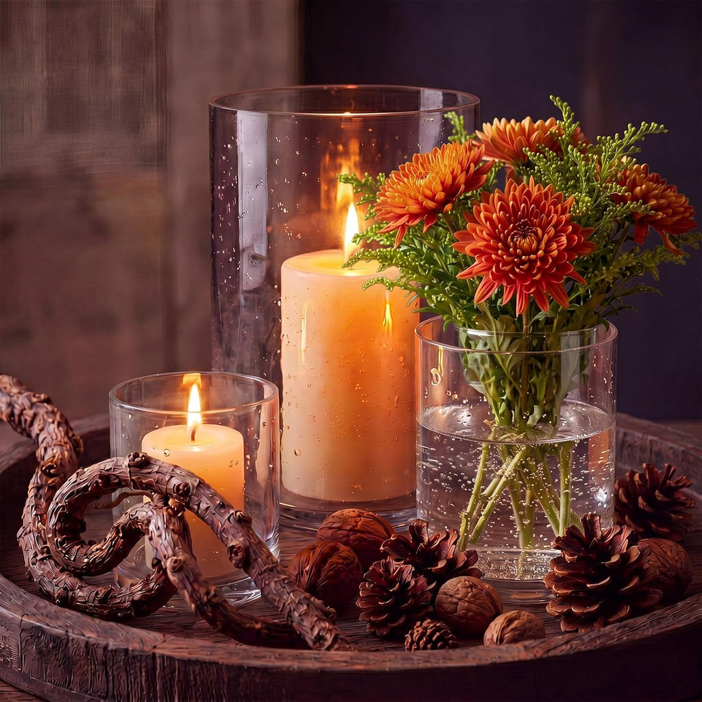 Clear Glass Hurricane Candle Holder Set of 3 Cylindrical Glass Vase Modern Rustic Table Centerpieces for Pillar