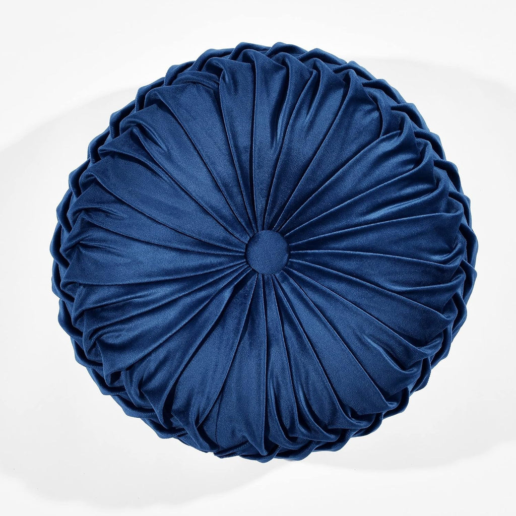 Round Pleated Soft Velvet Decorative Throw Pillow, 1 Count, 15" Diameter, Navy - Blue Plush Round Pillow, Seat