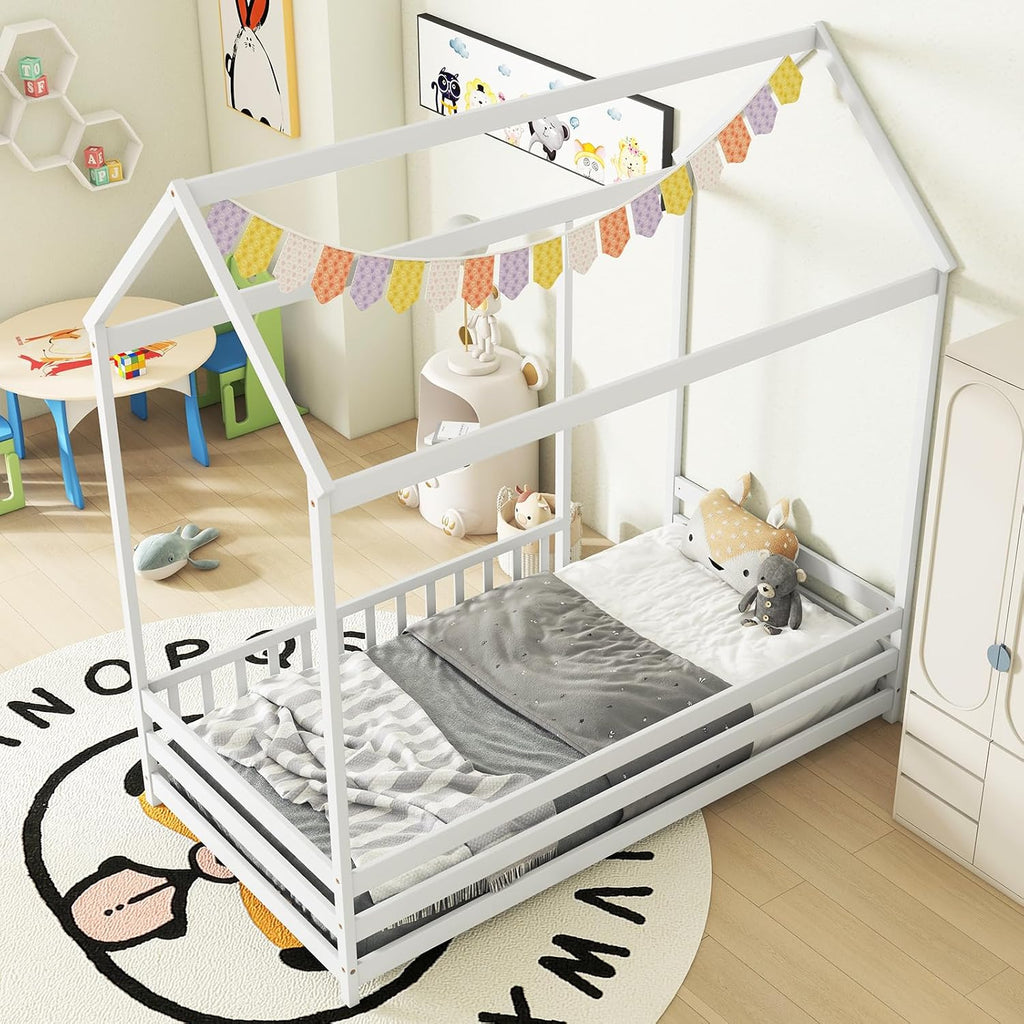 Twin Size Floor House Bed, Wooden Montessori Bed with Roof & Full-Length Safety Guardrail, Floor Playhouse Bed Frame