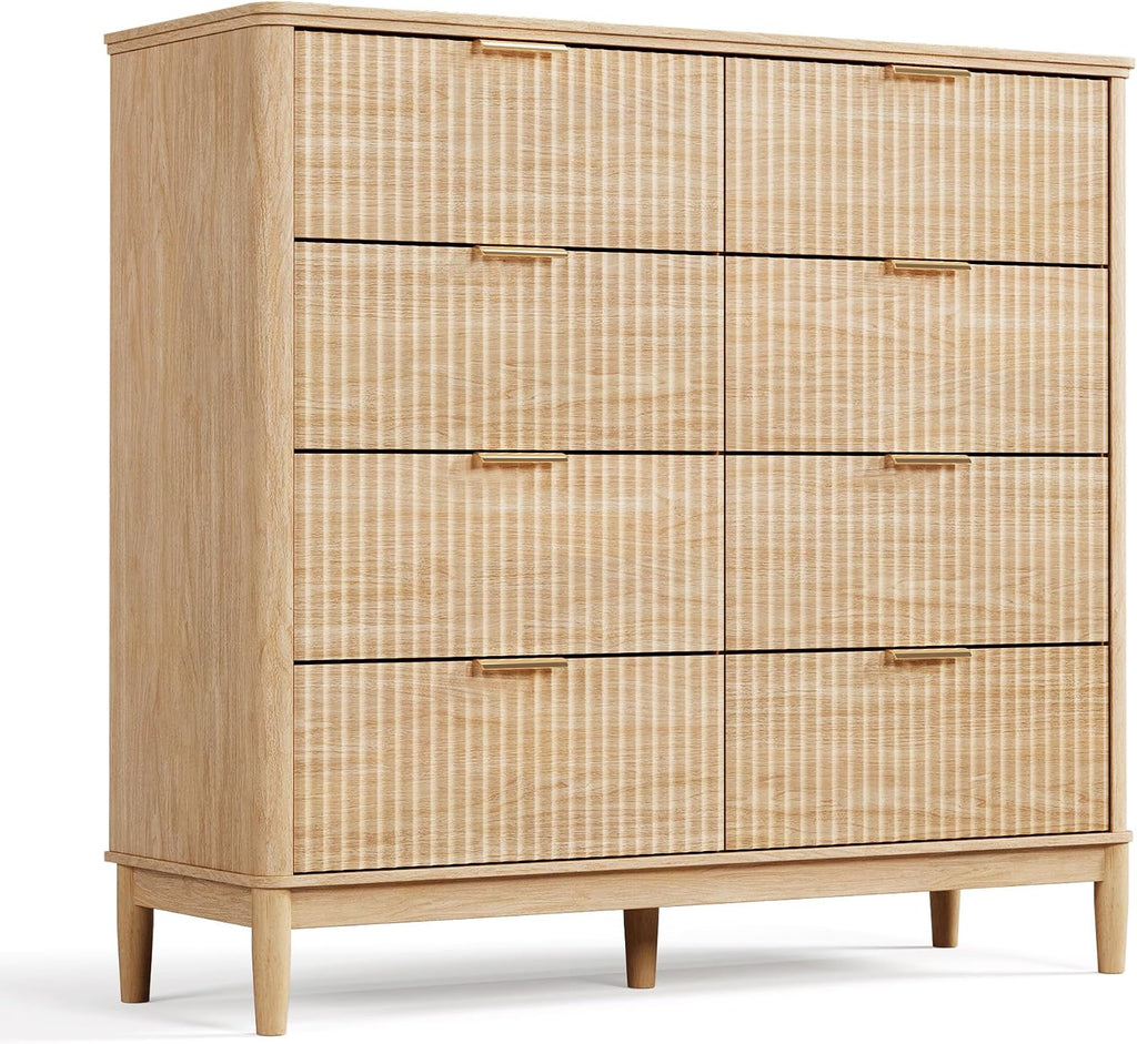 Fluted Dresser with 8 Drawers, 47" Wide Mid Century Modern Dressers, Tall Boho Chest of Drawers, Large Wood Accent