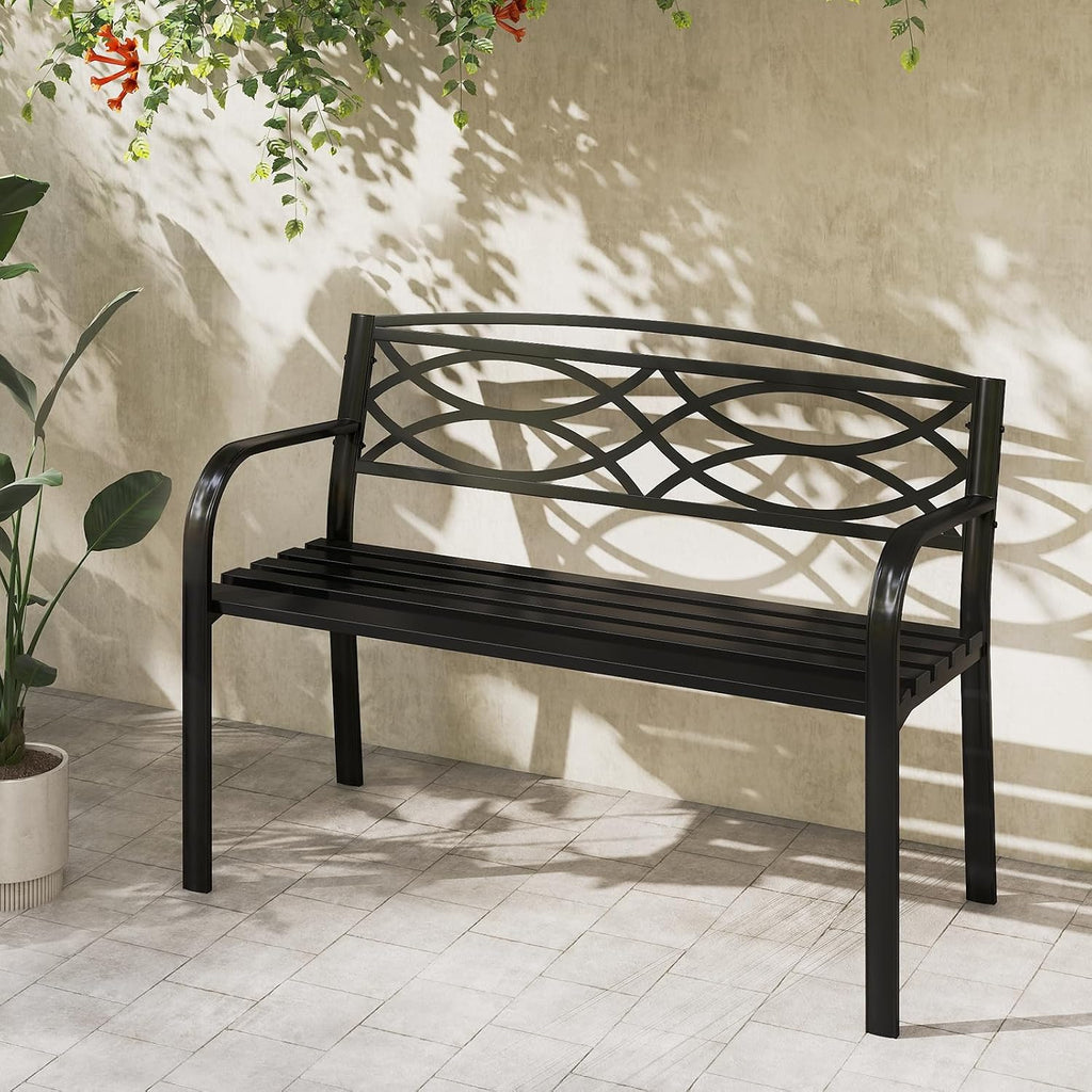 Outdoor Metal Garden Park Bench, Heavy-Duty Metal Slatted Loveseat for 2 People with Curved Armrests & Backrest