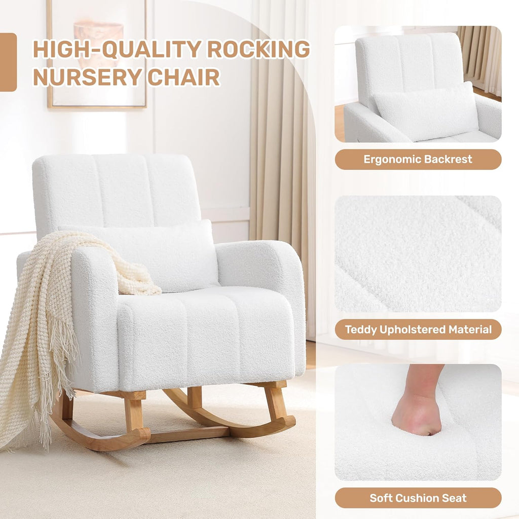 Rocking Chair with Ottoman, Upholstered Glider Rocker with High Backrest and Side Pocket, Comfy Reading Chair with