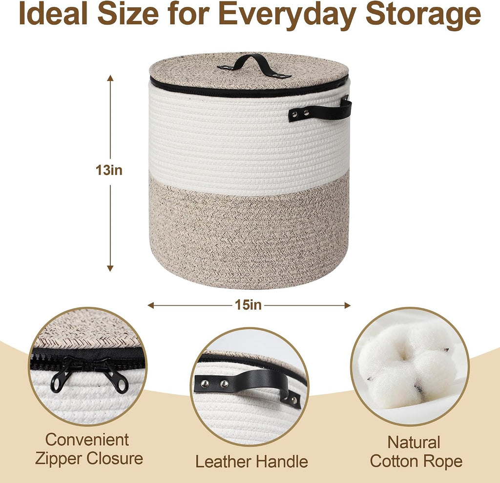 Basket with Lid, 15"x13" Round Woven Blanket Storage , Decorative Cotton Rope Hamper with Zipper Top, Wicker Basket