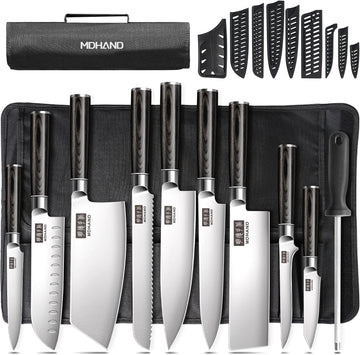 Chef Knife Set with Roll Bag, Ultra Sharp Japanese Kitchen Knife Set | High Carbon Stainless Steel 10PCS Kitchen
