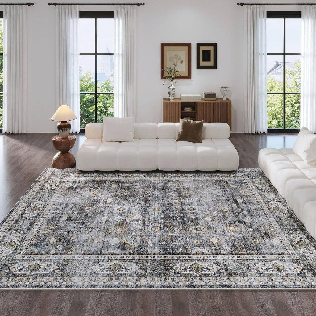 Large Living Room Rug 9x12 Washable Non Slip Vintage, Grey