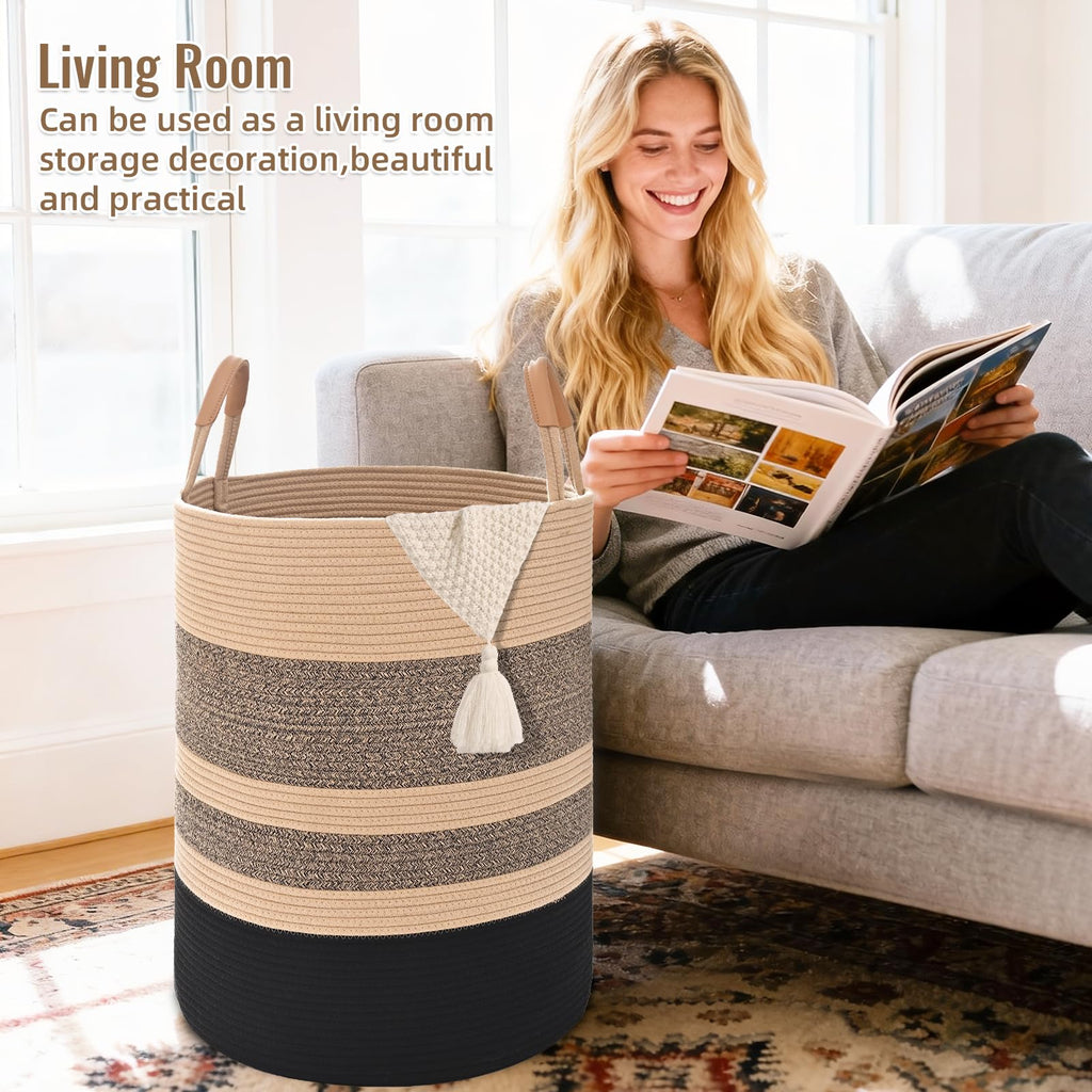 Large Laundry Basket, Laundry Hamper with Leather Handles, 90L Woven Dirty Clothes Hamper, Rope Hampers, Barthroom