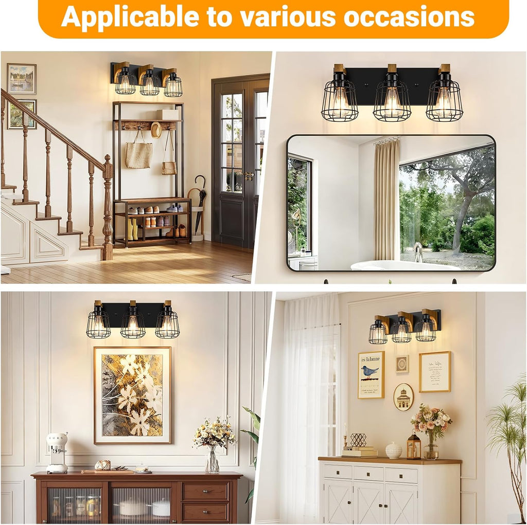 3-Light Bathroom Light Fixtures, Wood Bathroom Wall Lights, Modern Bathroom Vanity Light with Cage Metal Shade