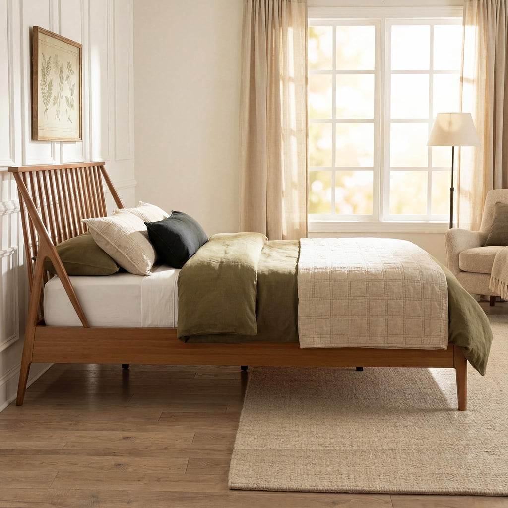 King Size Solid Bamboo Wood Spindle Platform Bed with 46.5" Tall Headboard, Bohemian Bed Frame with Wooden Slats and