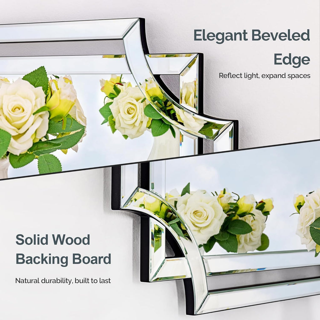 32" x 47" Large Wall Mirror Decor, Modern Unique Decorative Mirror with Beveled Glass Scalloped Corner, Horizontal or