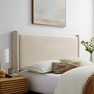 Rael Queen Upholstered Headboard with Pillars in Alabaster - Velvet Headboard - Stain-Resistant Performance Velvet