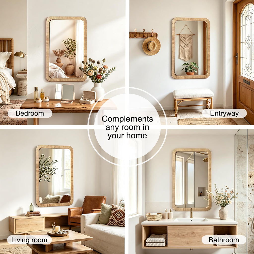 Decorative Rattan Wall Mirror, Boho Bathroom Modern Makeup, Rustic Wall Bohemia Mirrors, Vanity Versatile Farmhouse
