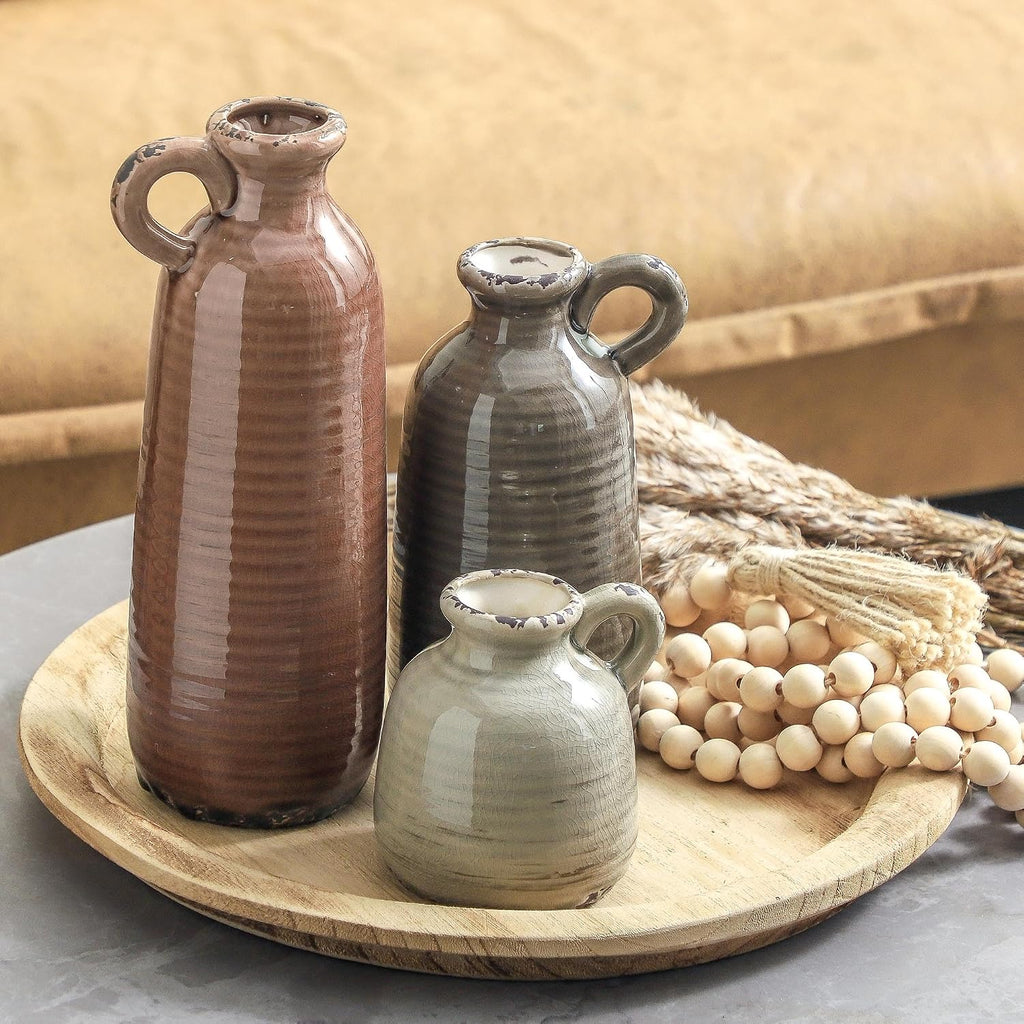 Ceramic Vases Set of 3, Neutral Rustic Farmhouse Vase with Handle, Decorative Flower Vases Home Decor Modern Boho