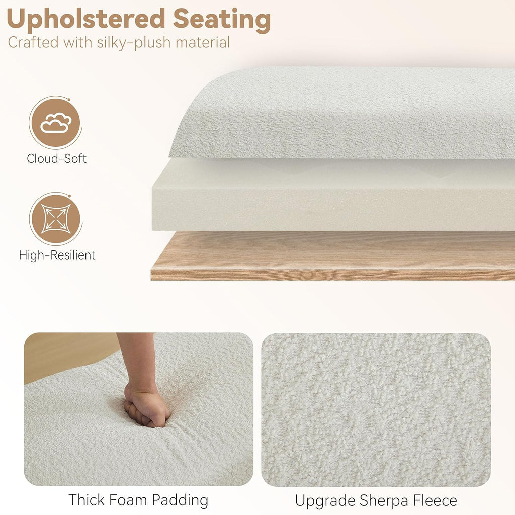 Upholstered Entryway Bench, 43" Modern Bedroom Bench, White | Sherpa Fleece, Curved Armrests, Solid Wood Frame, End