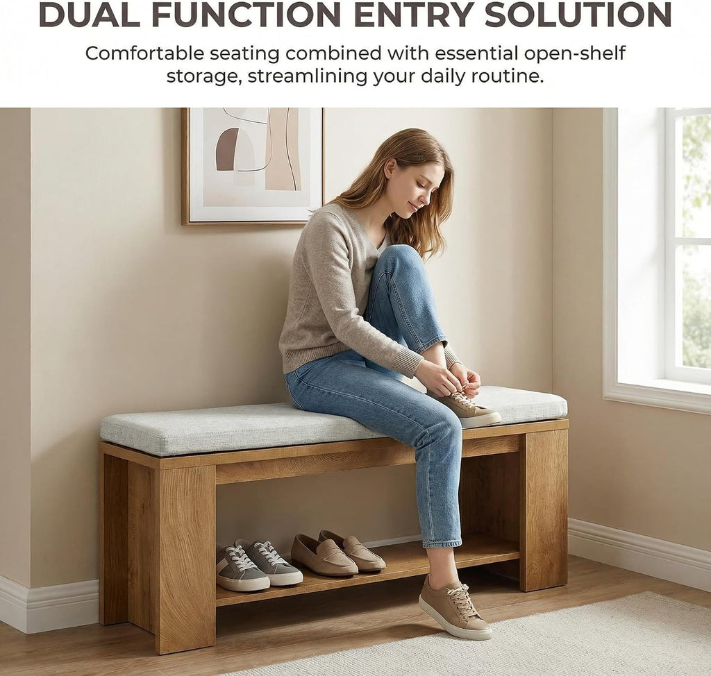 Upholstered Entryway Bench, 47-Inch Long Farmhouse End of Bed Bench with Padded Seat and MDF Frame, Rustic Indoor