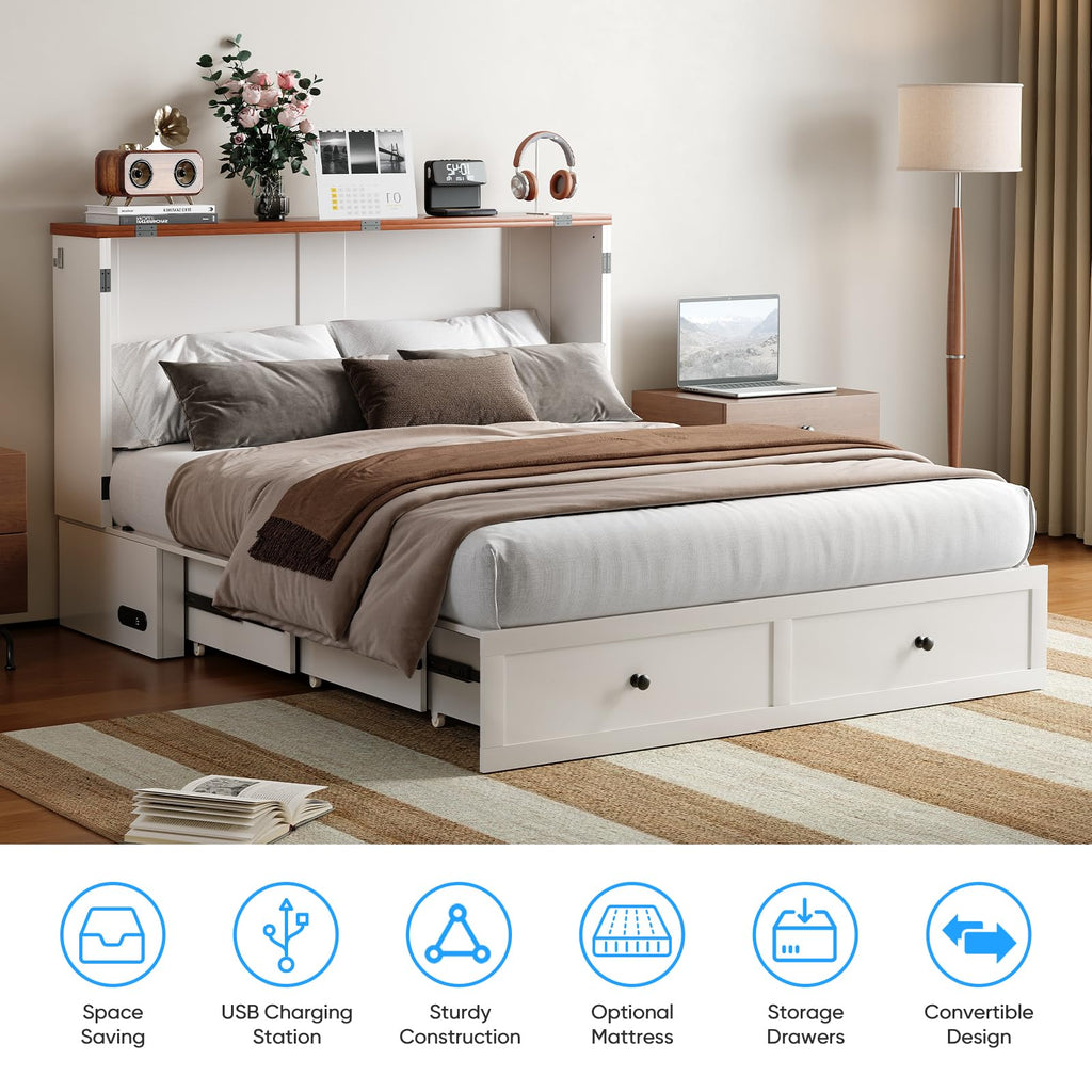 Murphy Bed Queen with Tri-Folding Mattress, X-Frame Cabinet Bed with Charging Station and Storage