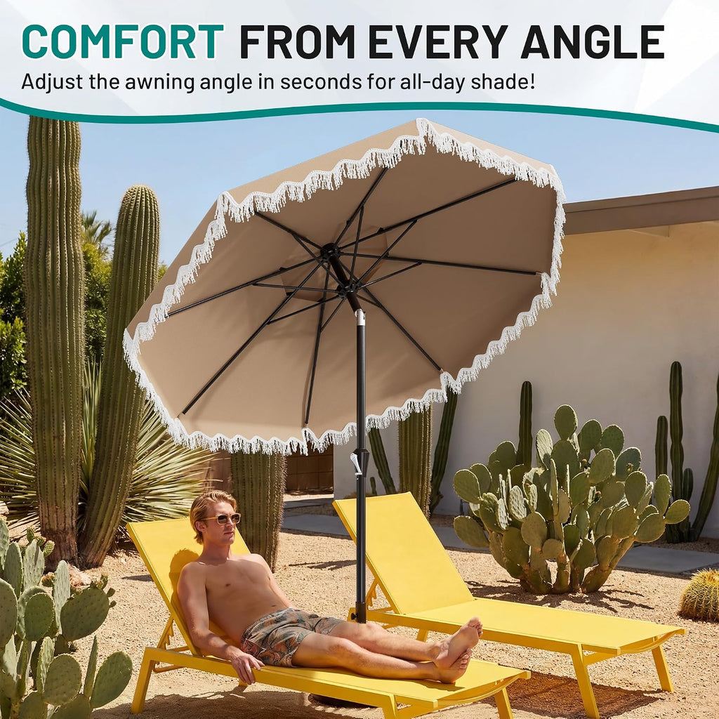 9ft Patio Umbrella with Fringe Tassels, Wind-Resistant Fiberglass Ribs - Beige