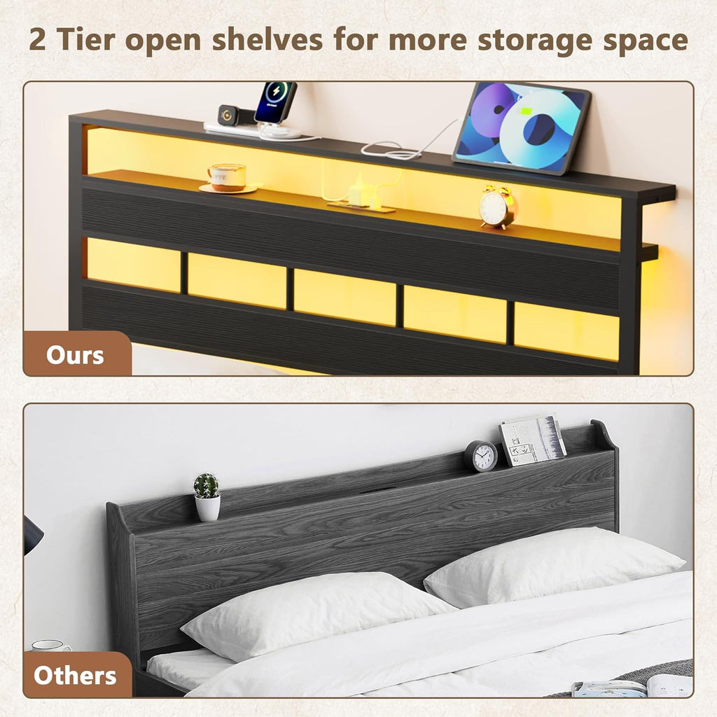 Twin Bed Frames with Charging Station and LED Lights, Twin Platform Bed with Metal Slats