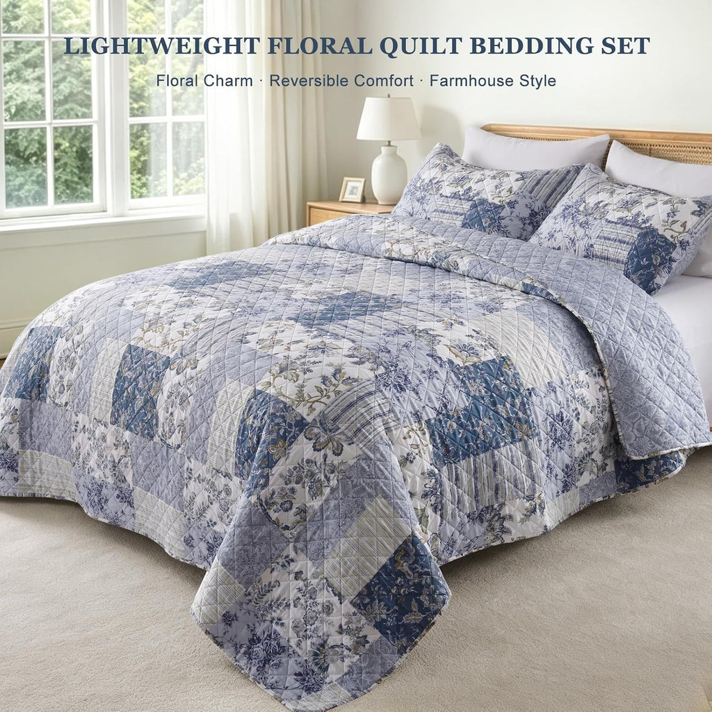 XL King Quilt Set, Blue and White Floral, Reversible, 106" × 96"