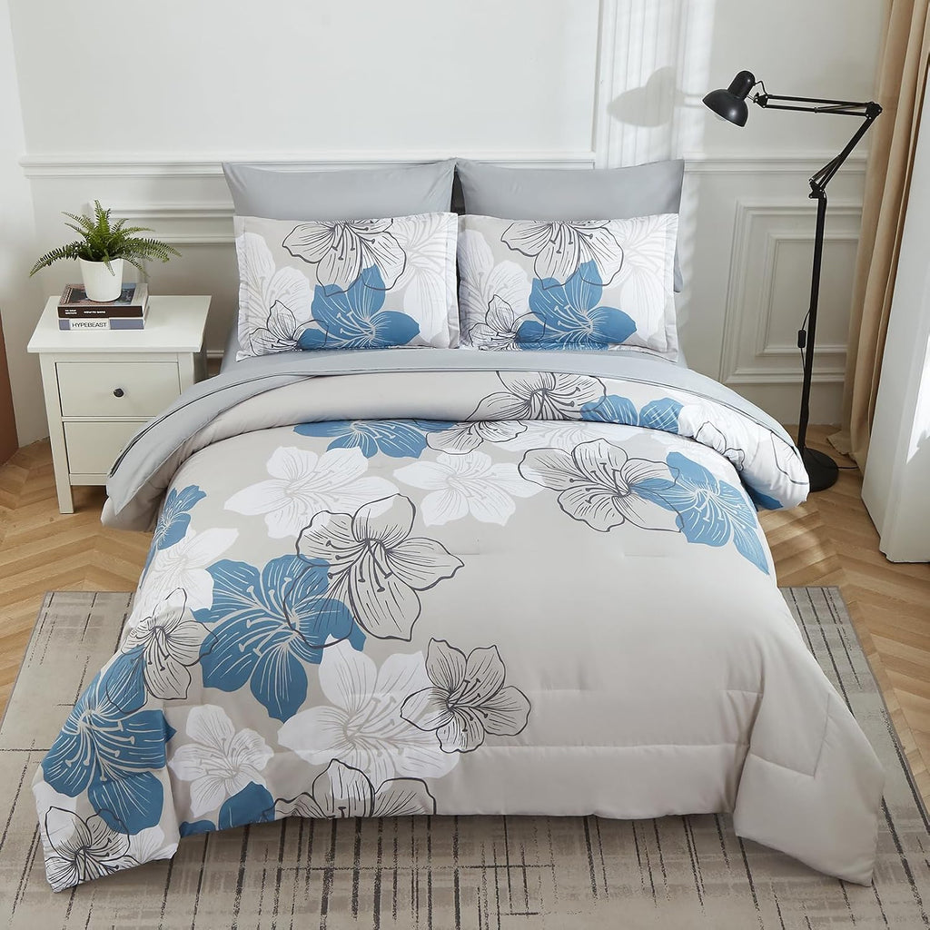 Floral Comforter Set Queen, Blue Floral Comforter and Sheet Set, 7 Pieces Bed in a Bag Soft Microfiber Complete - Set of 7