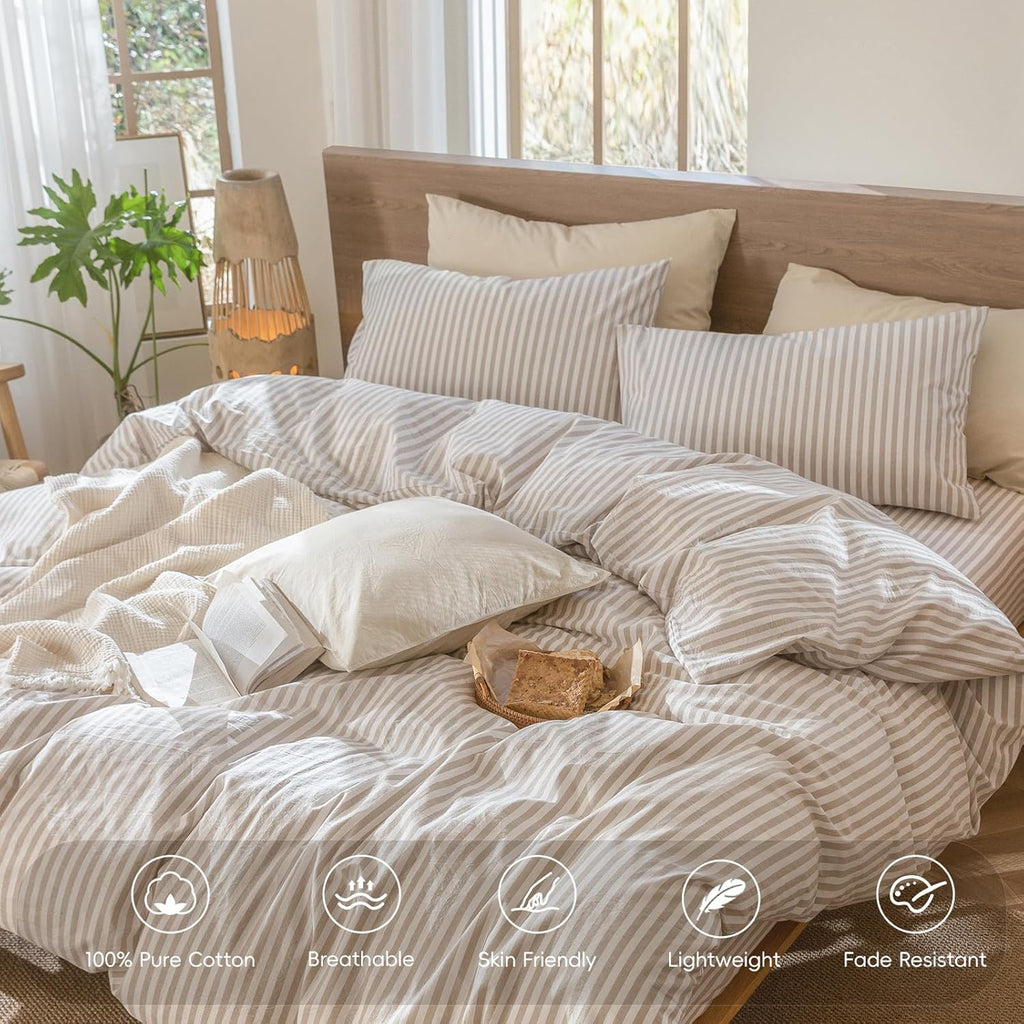Striped Duvet Cover Set 100% Washed Cotton Linen Like King - Set of 2