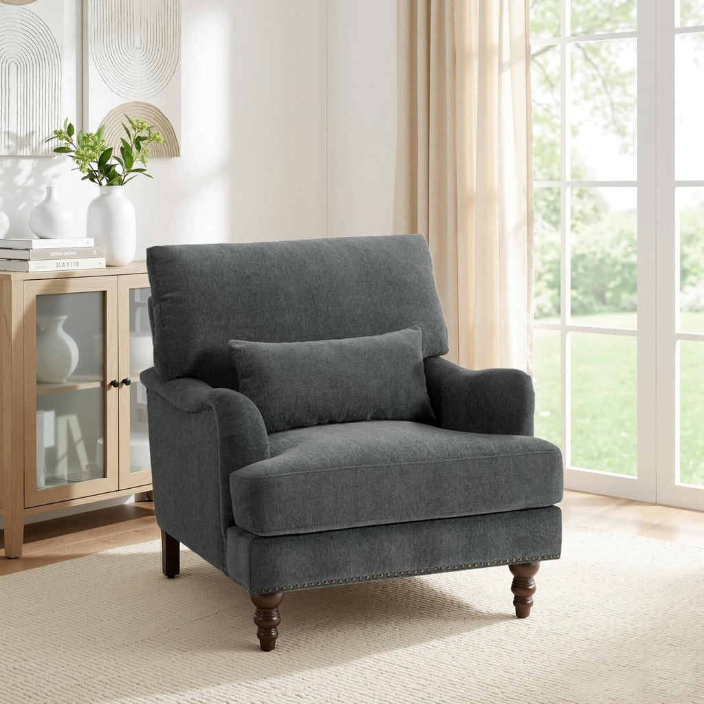 Accent Chair , Upholstered Armchair with Nailhead Trim & Solid Wood Legs, Mid Century Modern Chenille Club Chair