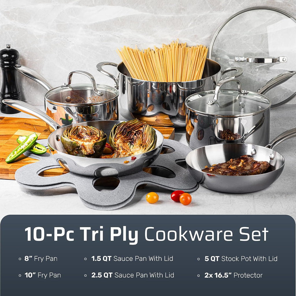 10 Pcs Tri Ply Stainless Steel Cookware Set, Pots and Pans Set with Induction Bottom, Made Without PTFE PFOA PFOS