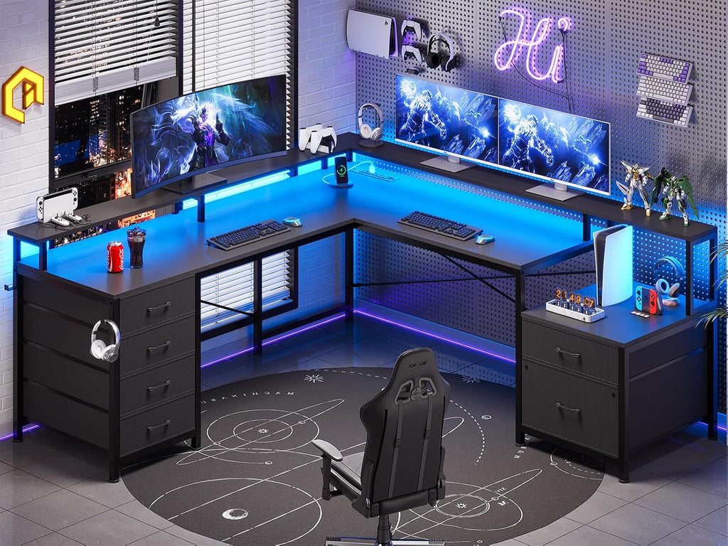 L Shaped Computer Desk with 6 Drawer, File Drawer & Power Outlet | 108" Corner Computer Desk with Monitor Shelf, File