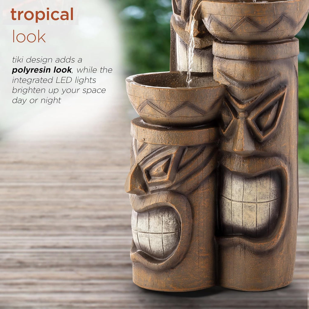 29"H Outdoor 3-Tiered Tiki Head Bowl Waterfall Floor Fountain with Cool White LED Lights, Brown