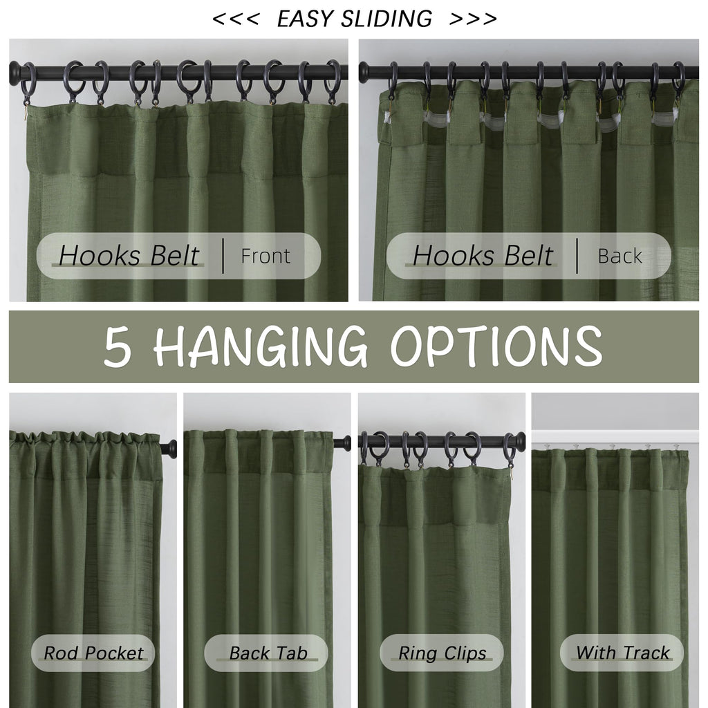 Olive Linen Back Tab Curtains 144 Inches Extra Long Ceiling to Floor for Villa Rustic - 2 Panels Hooks Belt Pinch