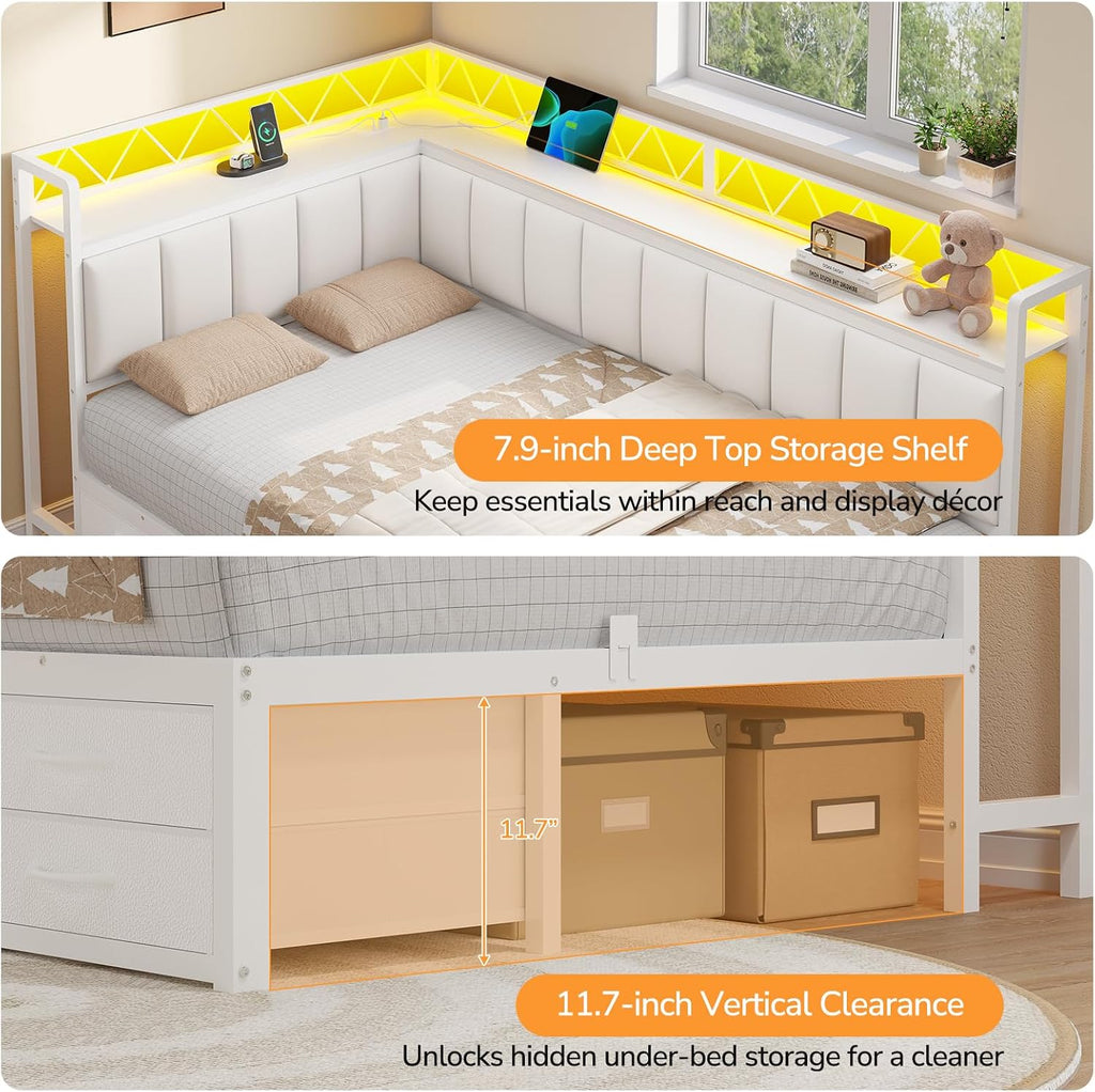 Twin Corner Bed Frame with 6 Storage Drawers and Upholstered Guardrail, Charging Station Twin Size Platform Bed Frame