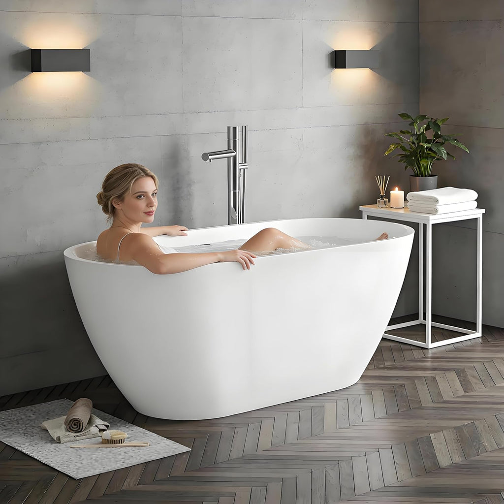 Freestanding Bathtub 59 Inch, Oval Acrylic Stand Alone Tub with Chrome Drain, Modern White Soaking Tub for Bathroom