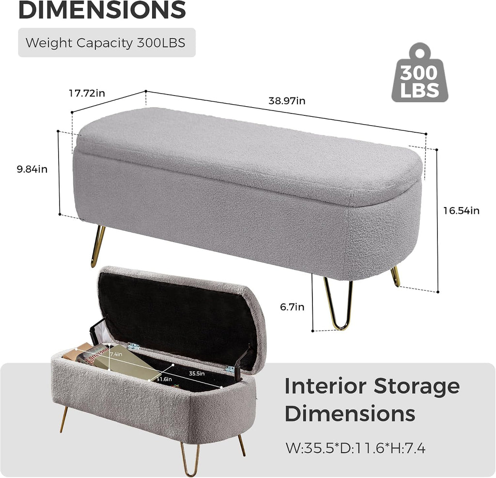 Ottoman with Storage, Small Boucle Storage Ottoman Bench,Upholstered Entryway End of Bed Bench with Cushion and Gold